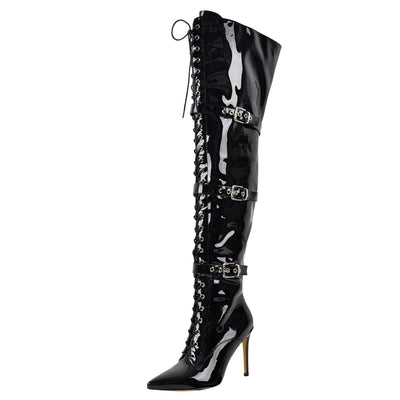 Pointed Toe Buckle Strap Lace-up Thigh High Boots