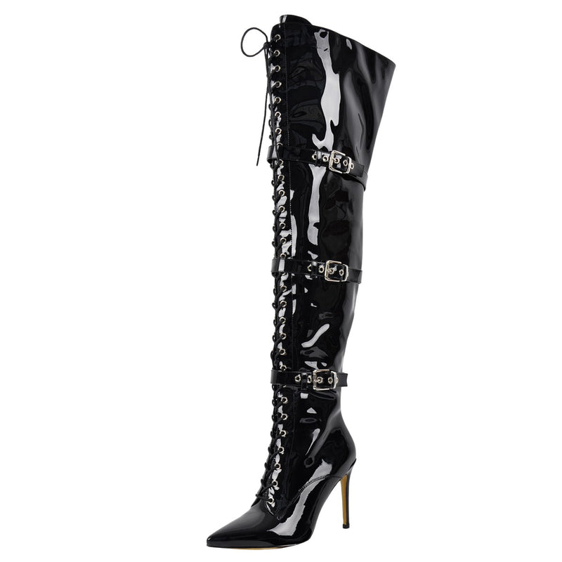 Pointed Toe Buckle Strap Lace-up Thigh High Boots