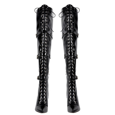 Pointed Toe Buckle Strap Lace-up Thigh High Boots
