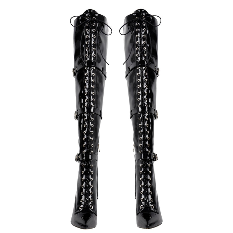 Pointed Toe Buckle Strap Lace-up Thigh High Boots