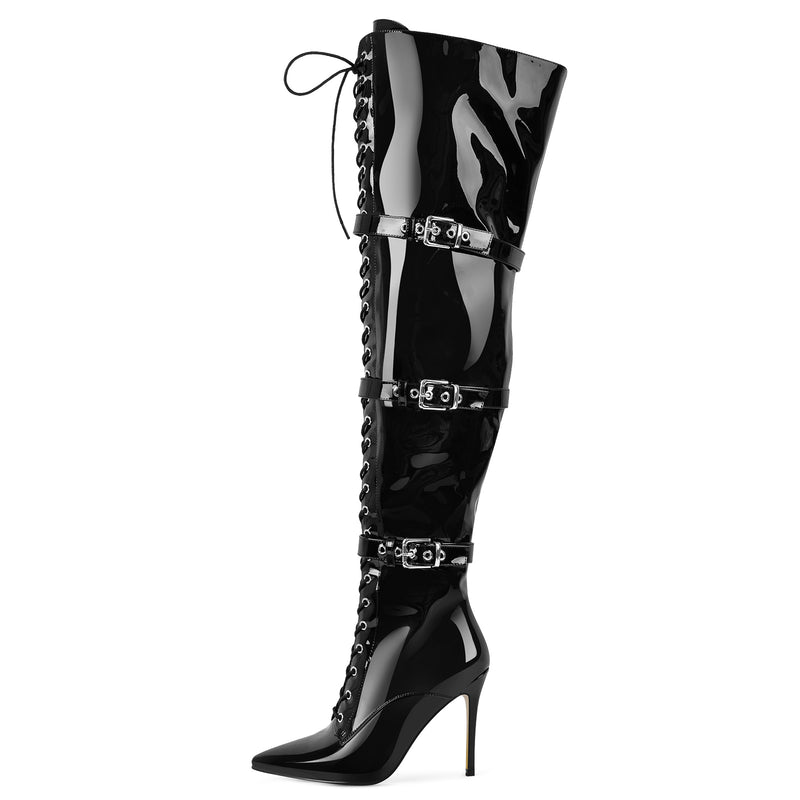 Pointed Toe Buckle Strap Lace-up Thigh High Boots