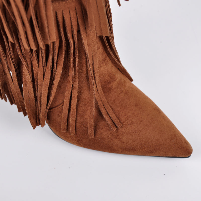 Pointed Toe Suede Fringe Knee High Boots