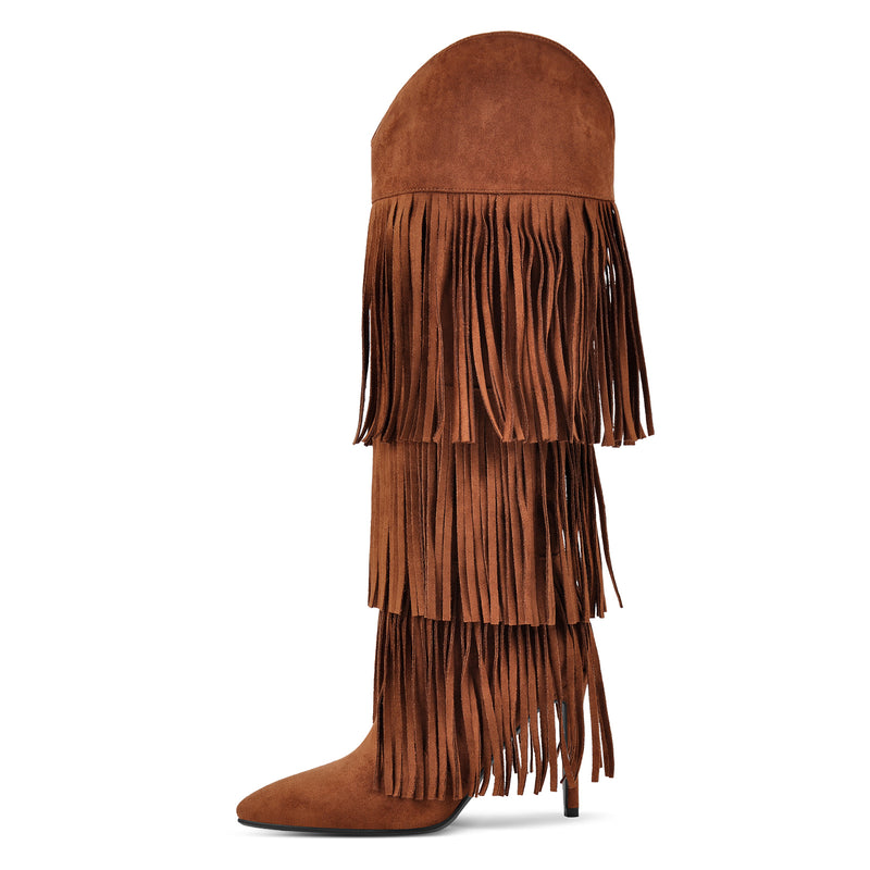 Pointed Toe Suede Fringe Knee High Boots