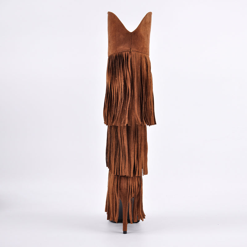 Pointed Toe Suede Fringe Knee High Boots