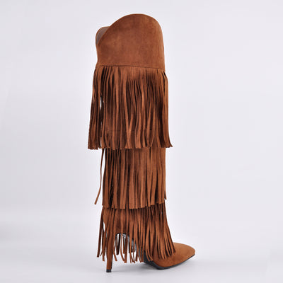 Pointed Toe Suede Fringe Knee High Boots