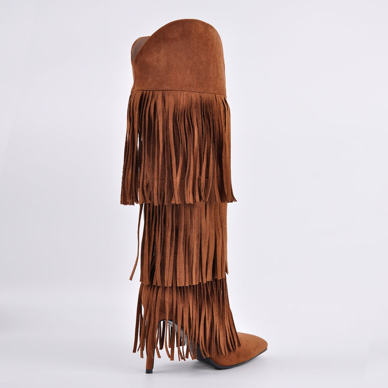 Pointed Toe Suede Fringe Knee High Boots