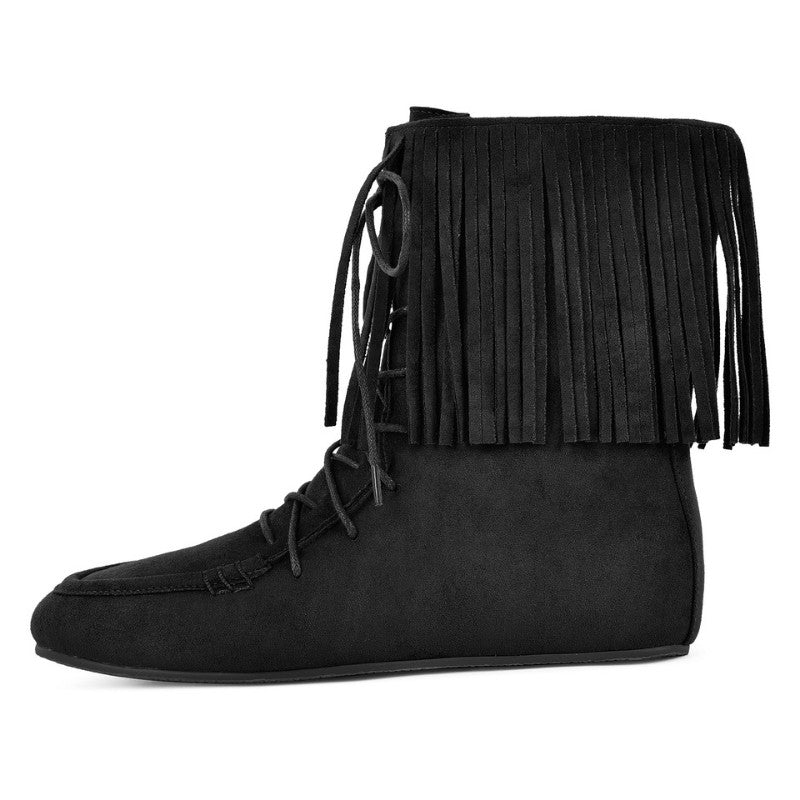 Suede Fringe Lace-up Flat Ankle Boots