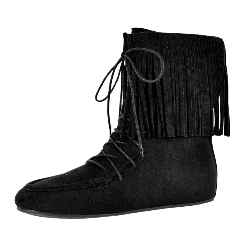 Suede Fringe Lace-up Flat Ankle Boots