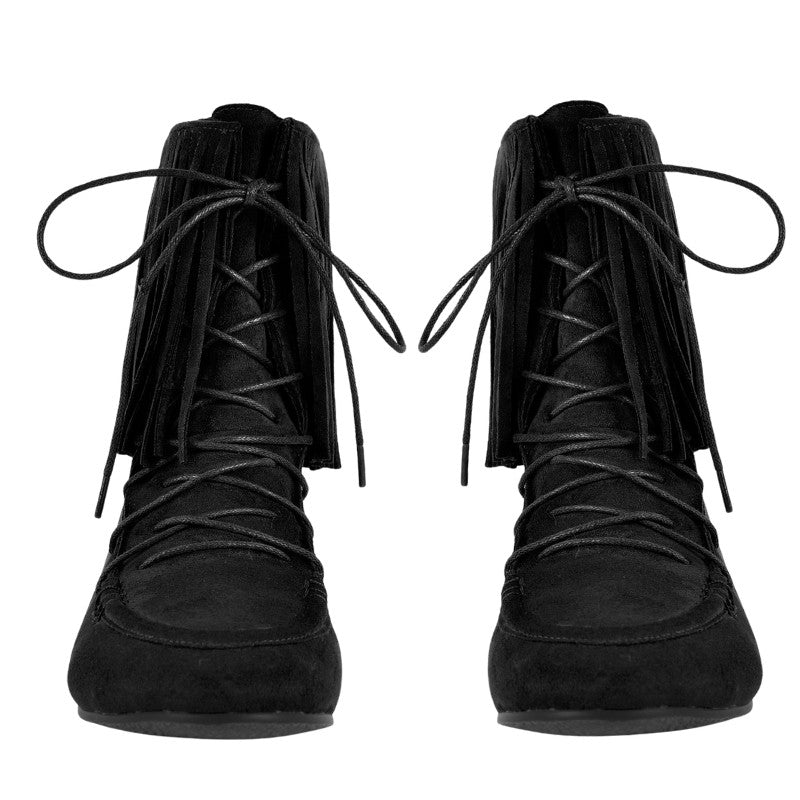 Suede Fringe Lace-up Flat Ankle Boots