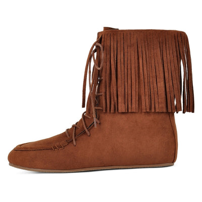 Suede Fringe Lace-up Flat Ankle Boots