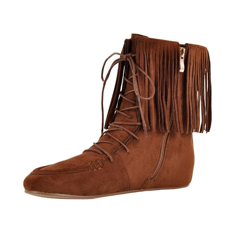 Suede Fringe Lace-up Flat Ankle Boots