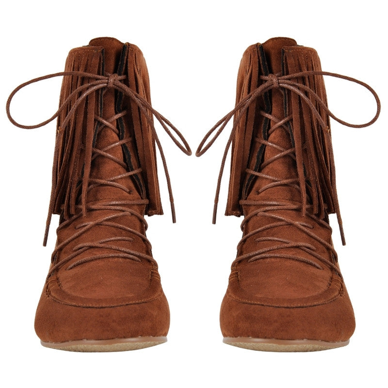 Suede Fringe Lace-up Flat Ankle Boots