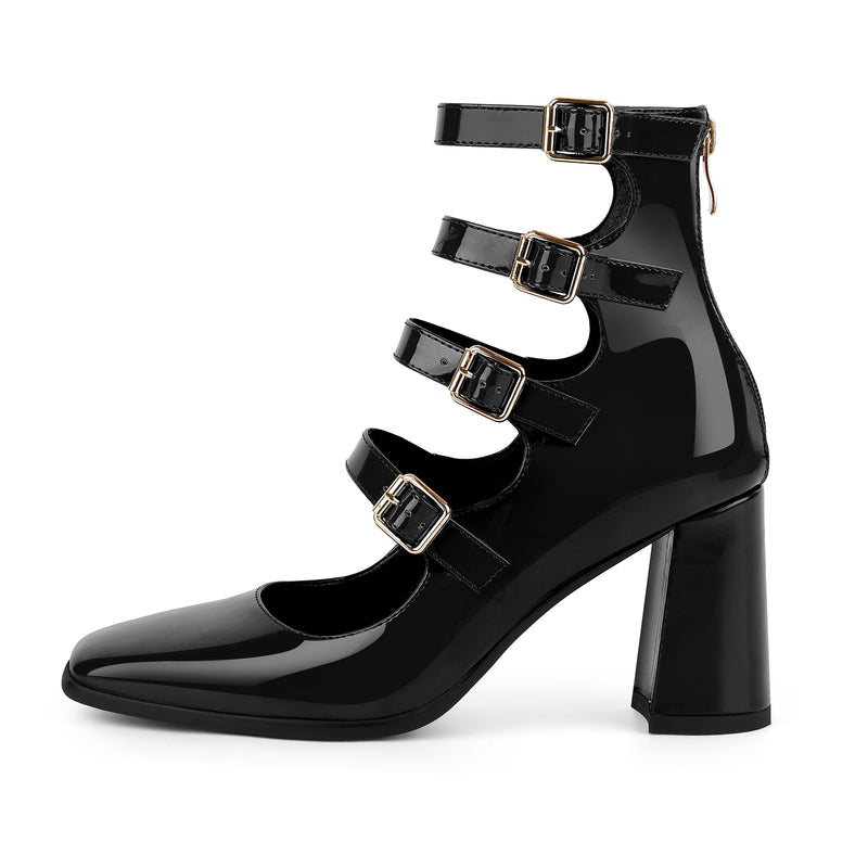 Square Toe Multi Buckle Strap Pumps