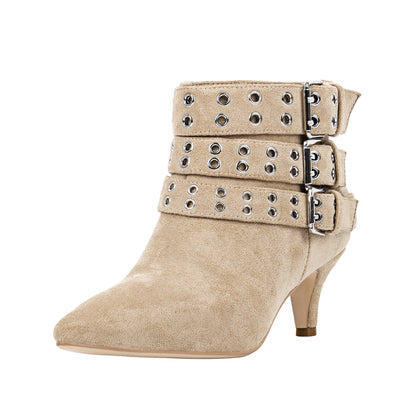 Suede Multi-Buckle Kitten Heel Ankle Boots