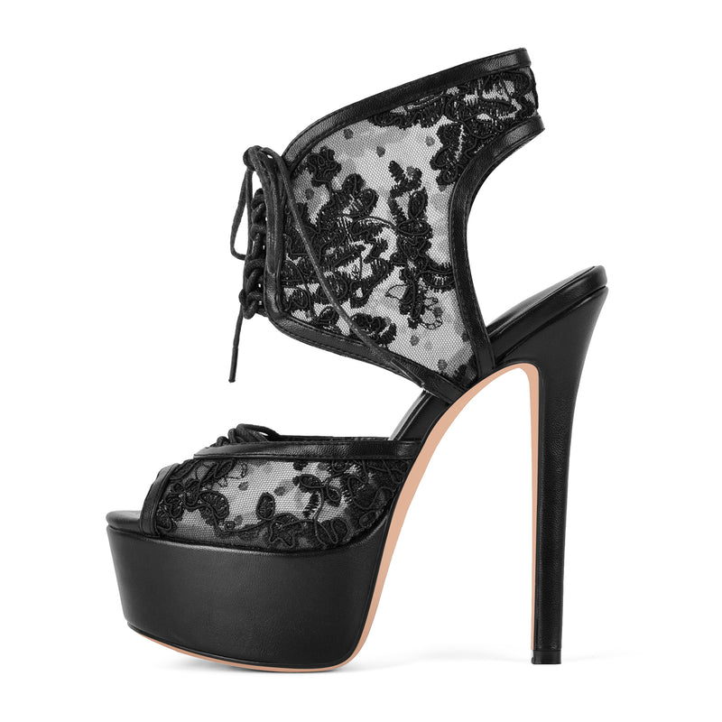 Platform Mesh Lace-up Slingback Sandals