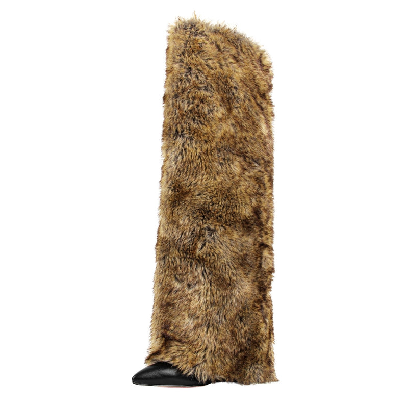 Pointed Toe Fur Fold Over Stiletto Knee High Boots