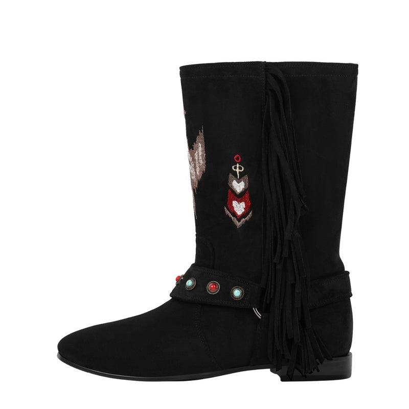 Embroidery Fringe Suede Ankle Western Flat Boots