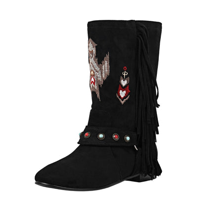 Embroidery Fringe Suede Ankle Western Flat Boots