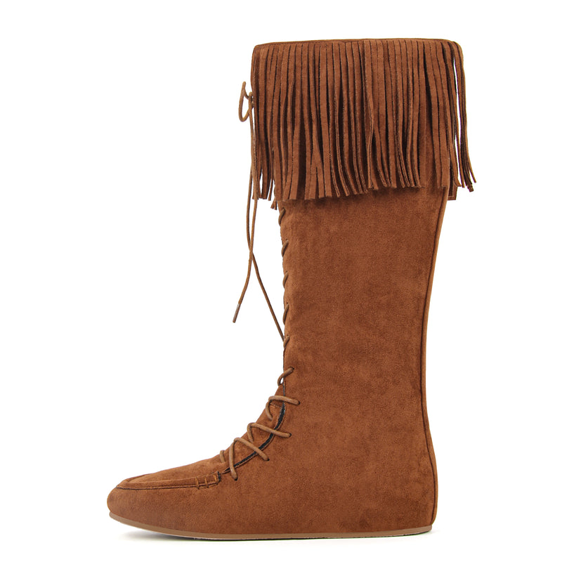 Fringe Lace-up Suede Flat Knee High Boots