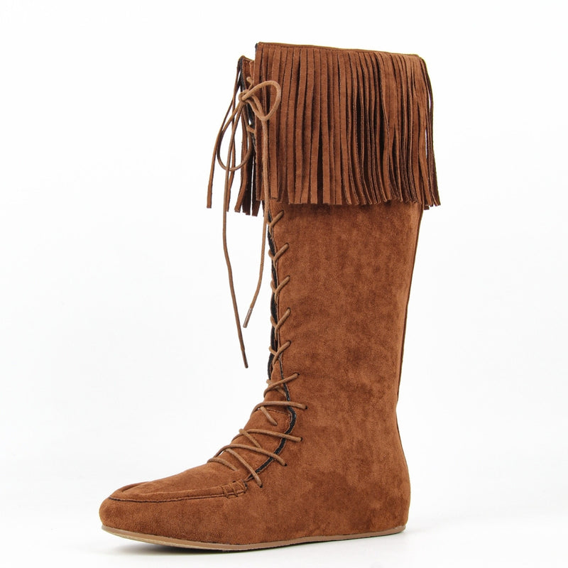 Fringe Lace-up Suede Flat Knee High Boots