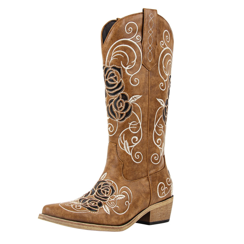 Floral Embroidery Mid-Calf Western Boots
