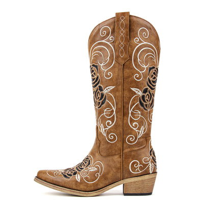 Floral Embroidery Mid-Calf Western Boots