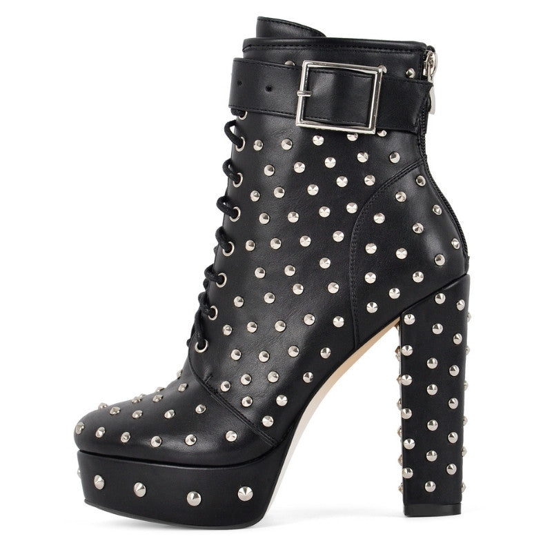 Rivet Platform Buckle Lace-up Ankle Boots