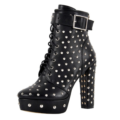 Rivet Platform Buckle Lace-up Ankle Boots