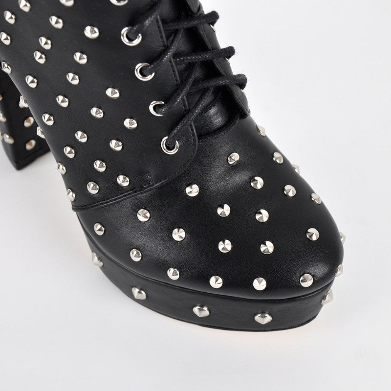 Rivet Platform Buckle Lace-up Ankle Boots