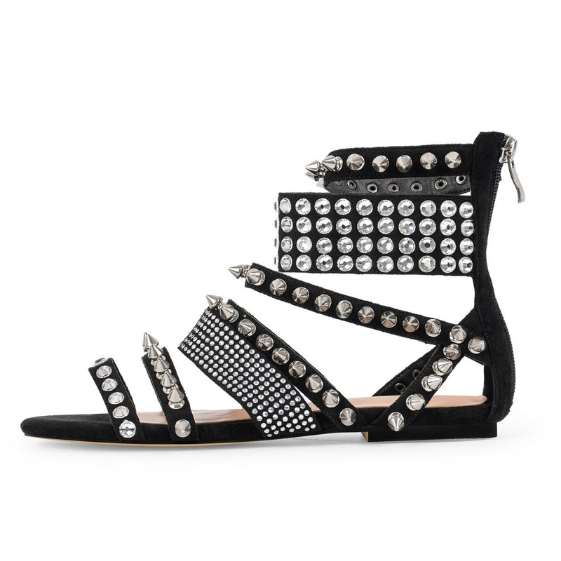 Rivet Rhinestone Suede Back Zipper Flats