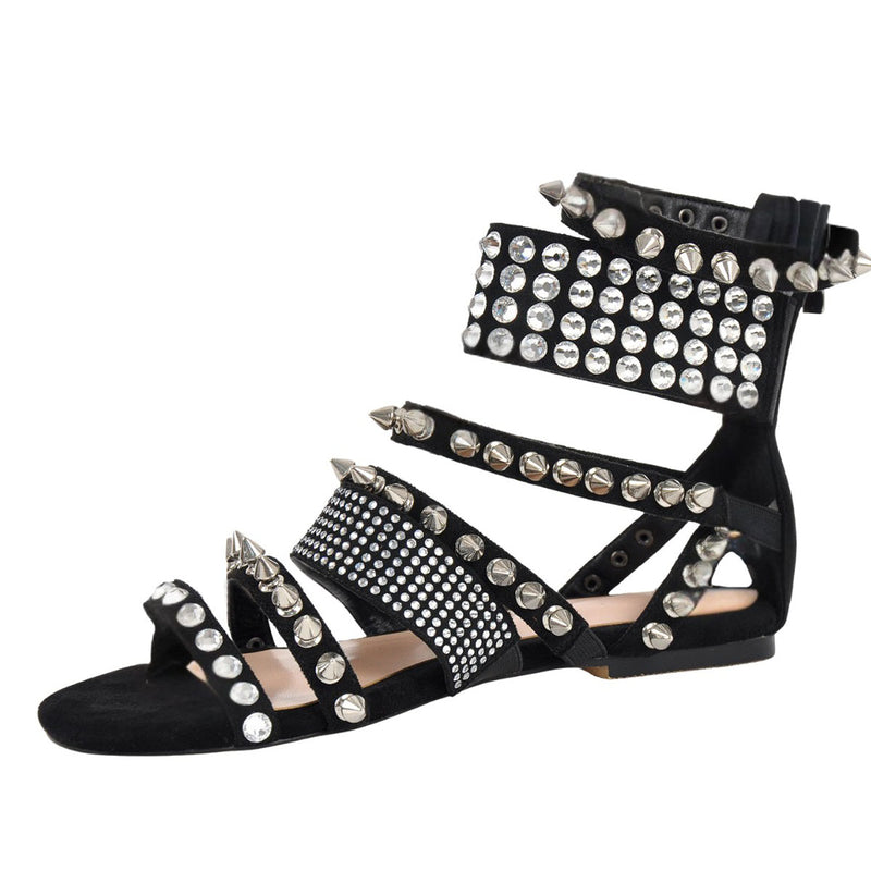 Rivet Rhinestone Suede Back Zipper Flats
