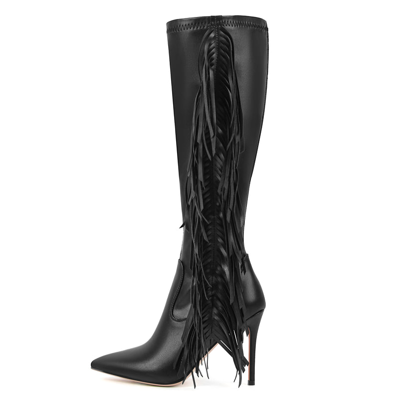 Fringe Pointed Toe Stiletto Knee High Boots