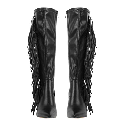 Fringe Pointed Toe Stiletto Knee High Boots