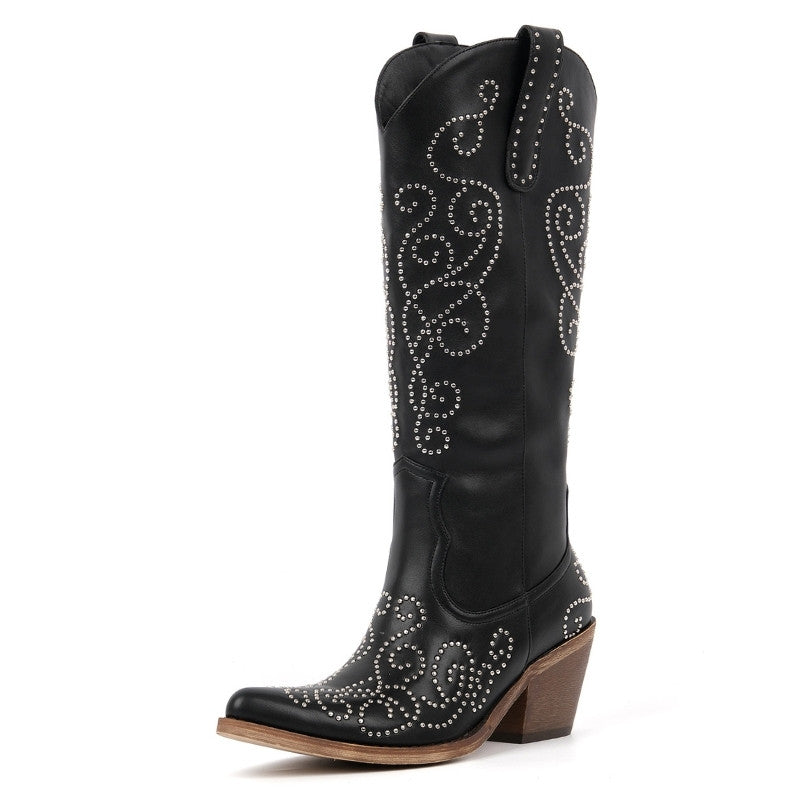 Pointed Toe Rivet Knee High Western Boots