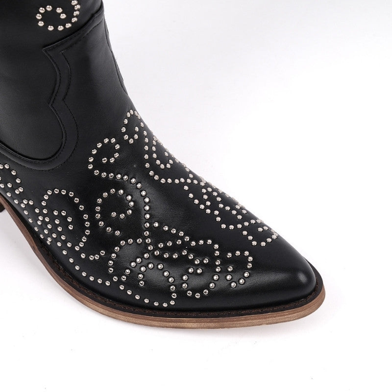 Pointed Toe Rivet Knee High Western Boots