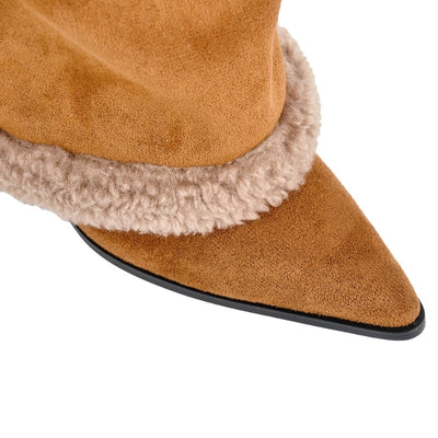 Suede Pointed Toe Lambswool Fold Over Knee High Boots