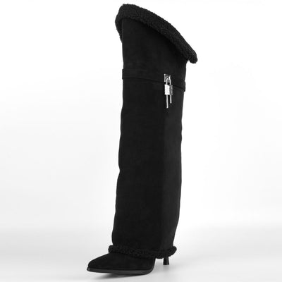 Suede Pointed Toe Lambswool Fold Over Knee High Boots