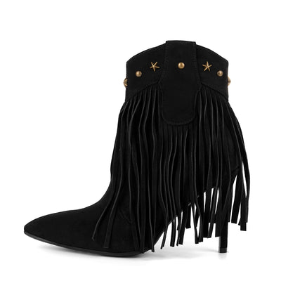 Pointed Toe Suede Fringe Rivet Ankle Boots
