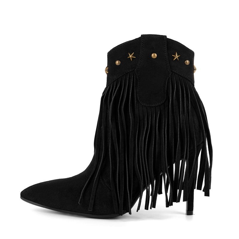 Pointed Toe Suede Fringe Rivet Ankle Boots