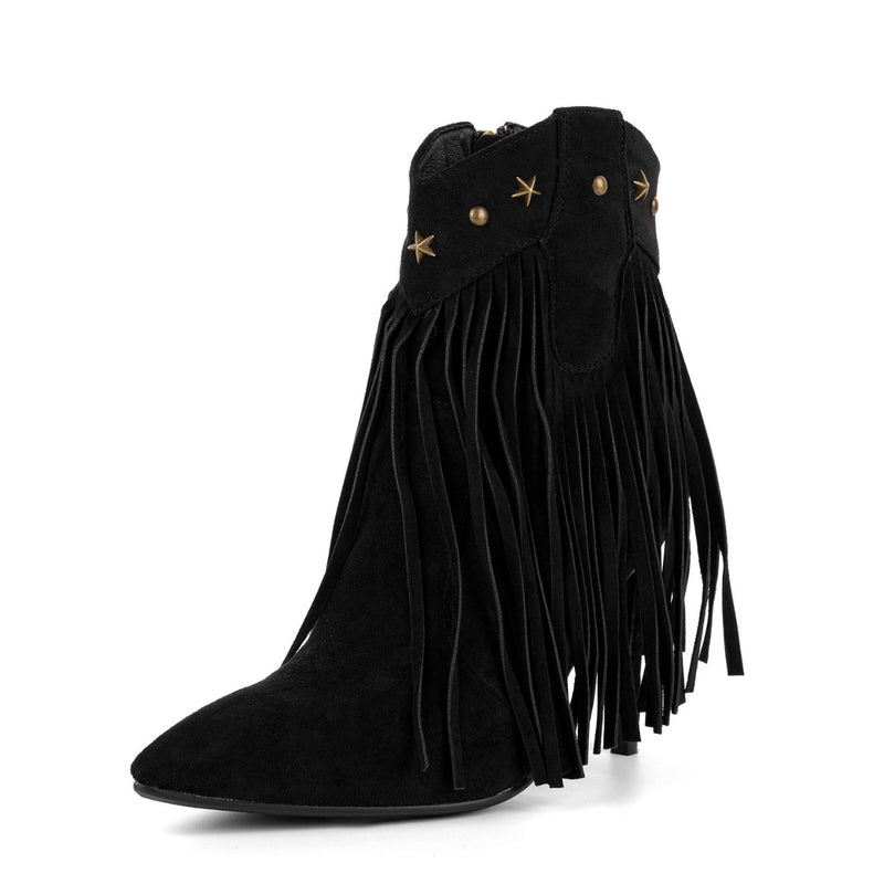 Pointed Toe Suede Fringe Rivet Ankle Boots