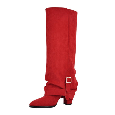 Suede Buckle Fold Over Knee High Boots