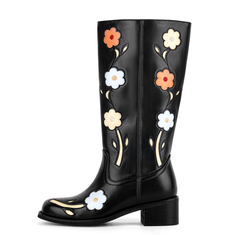 Square Toe Flower Embroidery Mid-Calf Boots