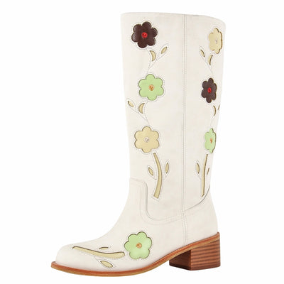 Square Toe Flower Embroidery Mid-Calf Boots