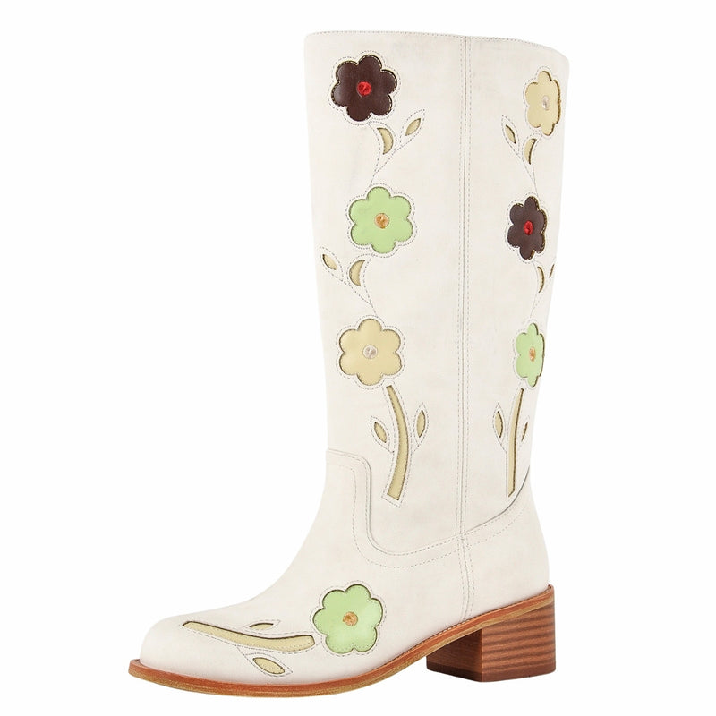 Square Toe Flower Embroidery Mid-Calf Boots