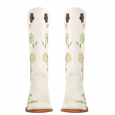 Square Toe Flower Embroidery Mid-Calf Boots
