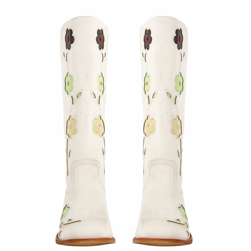 Square Toe Flower Embroidery Mid-Calf Boots