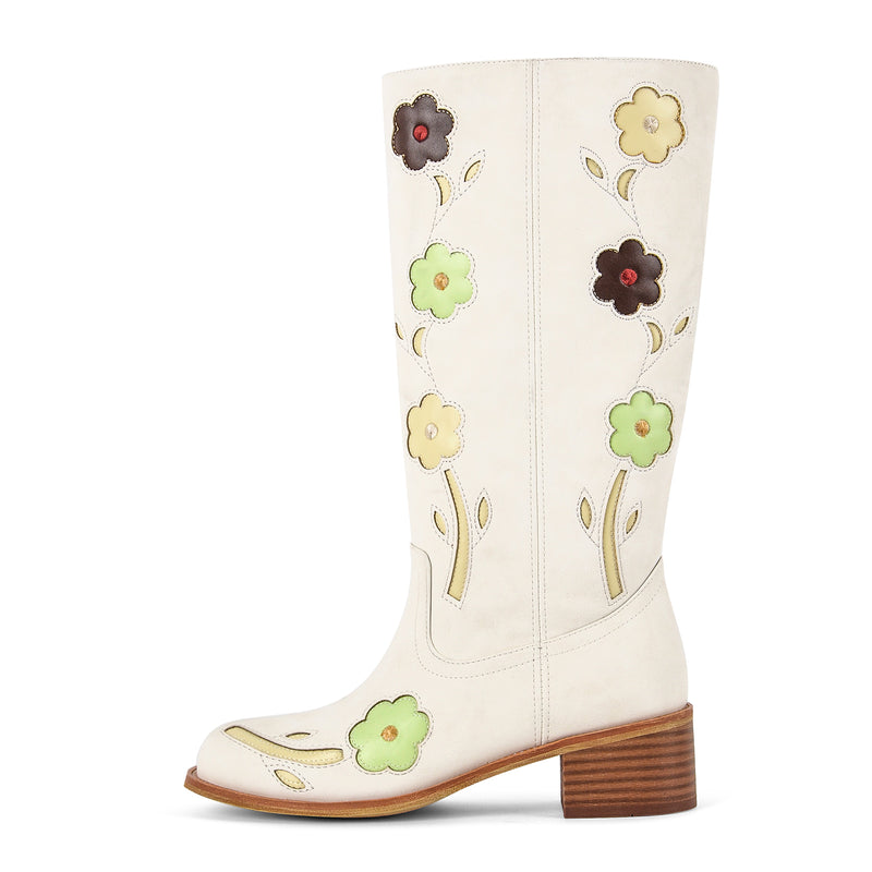 Square Toe Flower Embroidery Mid-Calf Boots