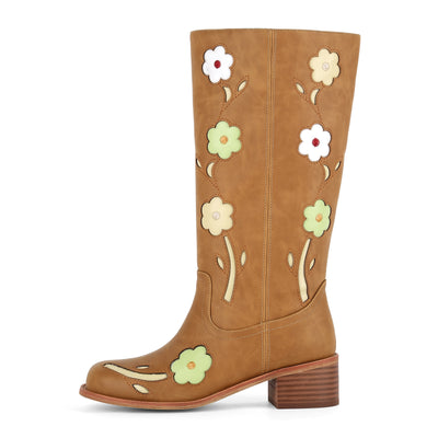 Square Toe Flower Embroidery Mid-Calf Boots