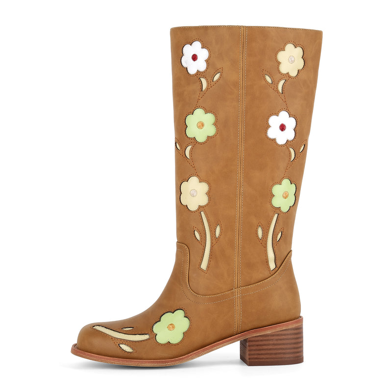 Square Toe Flower Embroidery Mid-Calf Boots