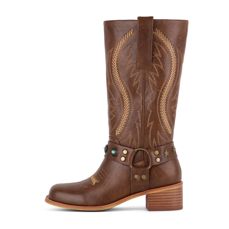 Square Toe Embroidery Stud Strap Mid-Calf Boots